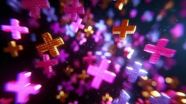 A Stunning Visual Display of Multicolored Plus Signs Floating in a Dreamlike Digital Space, Capturing the Essence of Creativity, Technology, and Abstract Designs in a Mesmerizing Animation