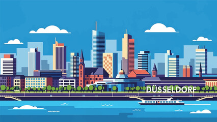 Vector illustration of Düsseldorf cityscape featuring a stylish waterfront skyline with generic modern buildings, river promenade, and urban lifestyle mood in flat vector style for travel and business
