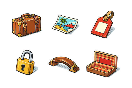 Travel accessories set with luggage tag, vintage suitcase, lock, map, and handle