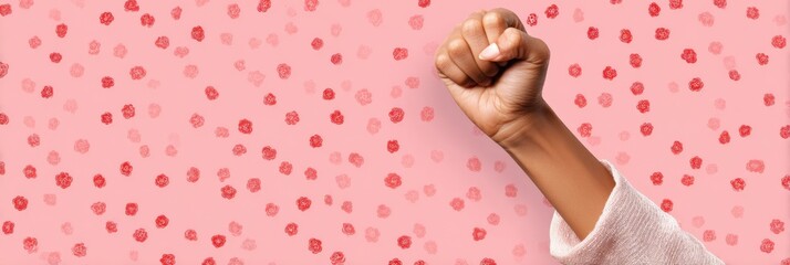 Raised fist gesture against pink rose background