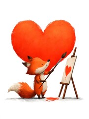 The fox draws a heart on an easel with a brush
