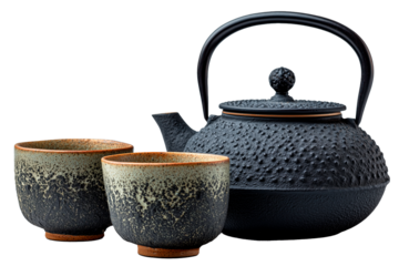 Traditional Japanese black cast iron teapot and cups displayed on a table in a simple setting for tea preparation