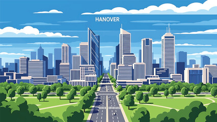 Vector illustration of Hanover cityscape presenting a clean planned German city with generic modern buildings, green parks, and wide streets in flat vector style for urban and travel themes © meeblues