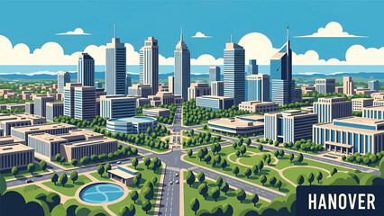 Vector illustration of Hanover cityscape presenting a clean planned German city with generic modern buildings, green parks, and wide streets in flat vector style for urban and travel themes © meeblues