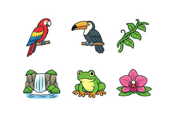 Obraz premium Colorful amazon wildlife and nature set: exotic birds, plants, and animals