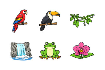 Obraz premium Tropical wildlife icons: parrot, toucan, vine, waterfall, frog, orchid