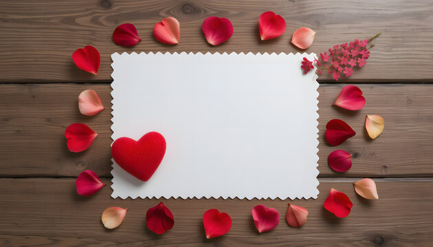White Blank Paper and Red Heart with Rose Petal on Wooden Background