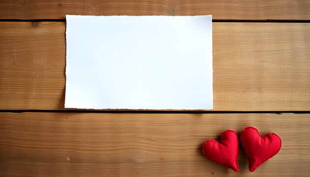 White Blank Paper and Red Hearts on Wooden Background