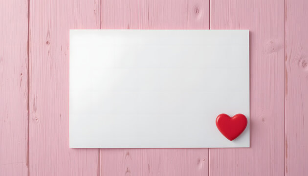 A White Blank Paper and Red Heart on Pink Background