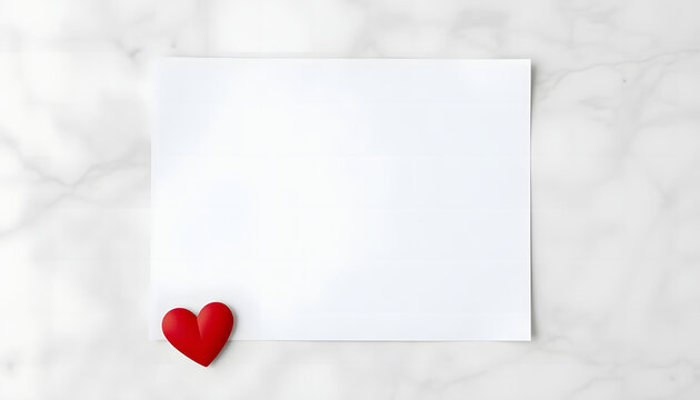 White Blank Paper and Red Heart on The White Ceramic Background