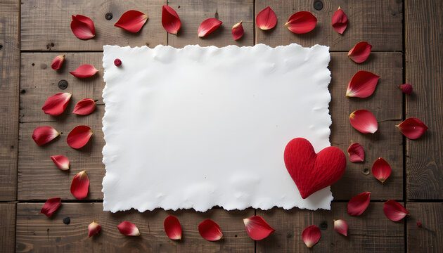 White Paper and Red Heart with Rose Petal on Wooden Background