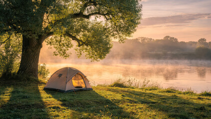 Camping by the river at sunrise with mist rising and a tent set under a tree in a natural setting