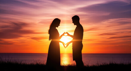 Romantic Couple Silhouette against Beautiful Twilight Background.