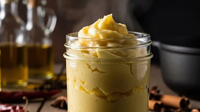 A close up shot of ghee in a glass jar with spices and oil in background
