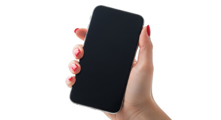 Womans hand holding phone with red nails isolated on transparent background