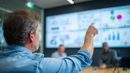 Manager pointing at digital dashboard during meeting, blurred background, concept of data-driven leadership
