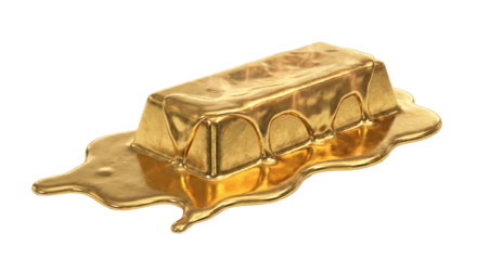 A gold bar melting into a liquid puddle, transparent background