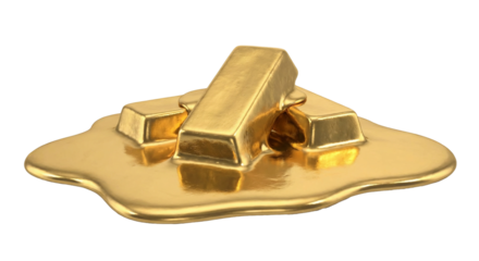 Gold bars melting into a liquid puddle, transparent background
