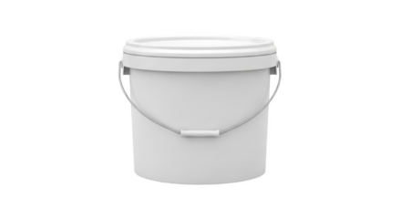 White plastic bucket with lid and metal handle container for industrial or household use isolated on transparent background