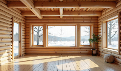 Spacious log cabin interior with large windows, wooden walls, natural materials, empty room, real estate showcase, property viewing, rustic design, inviting atmosphere, home investment opportunity