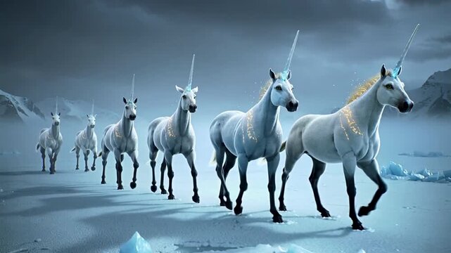 A line of majestic white unicorns with glowing horns and intricate golden filigree patterns walking across a vast, snowy winter landscape under a dramatic cloudy sky at dusk