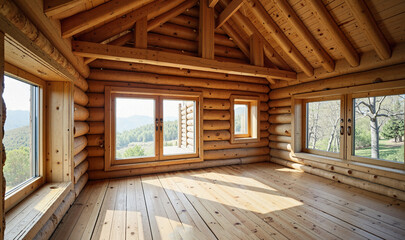 Spacious log cabin interior with large windows, wooden beams, empty room, natural materials, mountain view, real estate opportunity, property showcase, rustic architecture, vacation home potential