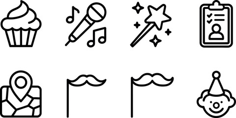 Collection of simple outline icons representing party elements like a cupcake microphone magic wand clipboard map pin mustache prop and clown face isolated on transparent background