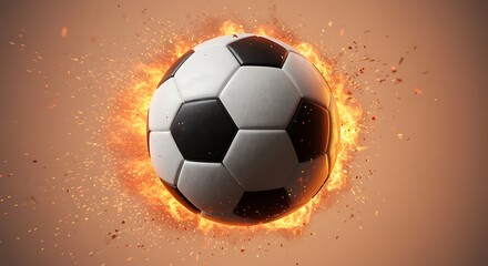 Naklejka premium Soccer ball surrounded by flames and sparks on a brown background