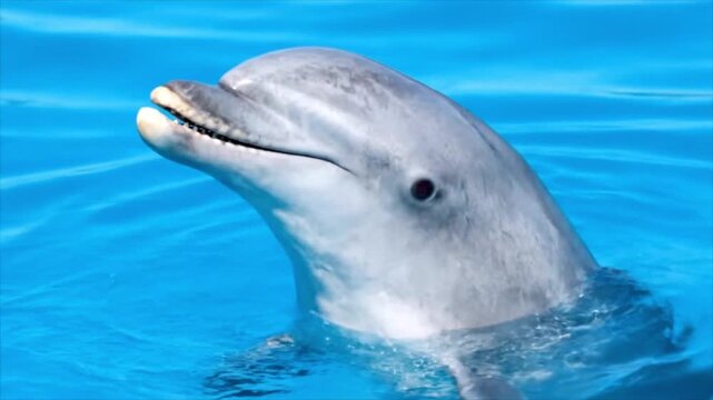A close-up shot of a friendly bottlenose dolphin with its mouth slightly open, showing its teeth, swimming in clear blue ocean water.