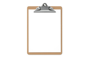Wooden clipboard with blank white paper, a metal clip holding a document, transparent background for easy use, office supplies concept