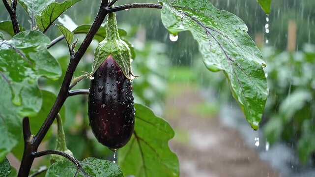 Eggplant growing on the vine in the rain with water droplets on leaves.
