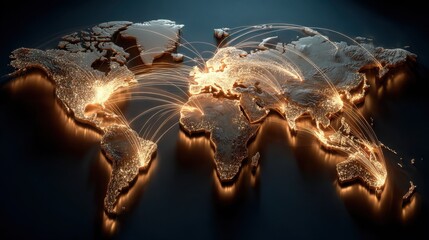 World map with lights and lines showing connections across regions in a global network