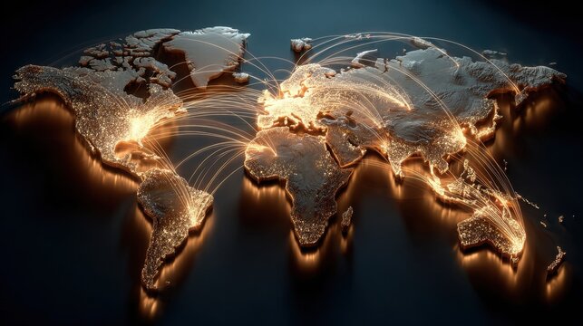World map with lights and lines showing connections across regions in a global network - Powered by Adobe