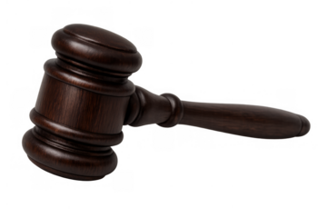 Wooden judge's gavel representing law, justice, court rulings, and auction bidding, isolated on a transparent background