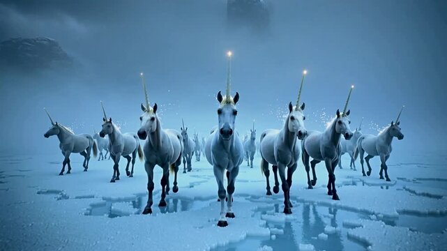 A line of majestic white unicorns with glowing horns and intricate golden filigree patterns walking across a vast, snowy winter landscape under a dramatic cloudy sky at dusk