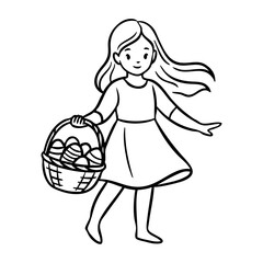 Dibujo sencillo de una ni&ntilde;a de pie sosteniendo en la mano una cesta llena de huevos de pascua