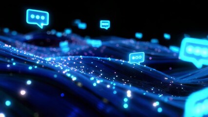A mesmerizing visualization of digital communication illustrated through vibrant blue light waves and floating chat bubbles, showcasing the dynamic nature of online interactions in a captivating - Powered by Adobe