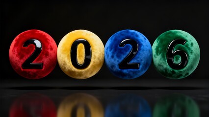 Glossy 3D render of colorful spheres forming ‘2026’, velvet texture, bold black numbers on black background.