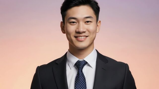 Smiling person in suit with an orange and purple gradient background