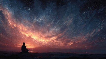 Obraz premium Meditating person surrounded by galaxies and cosmic energy in a dark sky at night