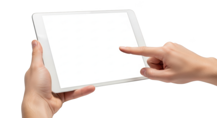 Person holding tablet computer with blank white screen touch gesture isolated on transparent background