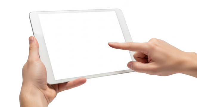 Person holding tablet computer with blank white screen touch gesture isolated on transparent background - Powered by Adobe