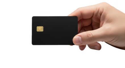 Human hand holding credit card with chip close up isolated on transparent background