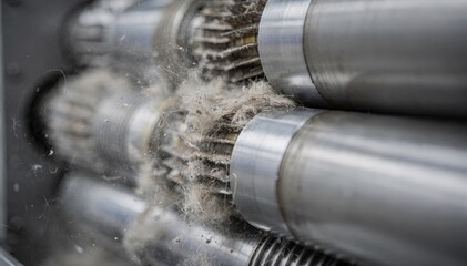 Focused medium shot on lint separating from rotating saw cylinders with fixed ribs softly blurred showcasing fine cleaning details in textile machinery.