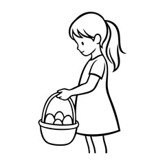 Dibujo sencillo de una ni&ntilde;a de pie sosteniendo en la mano una cesta llena de huevos de pascua