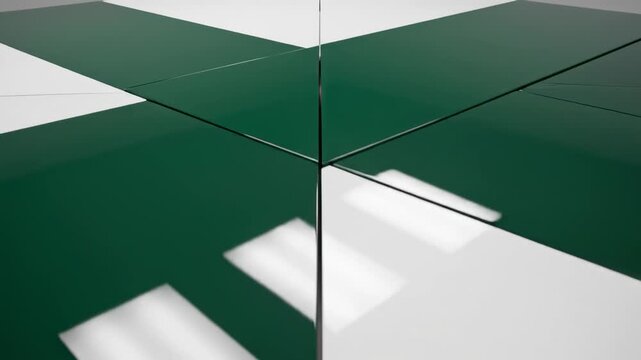 Geometric Green-White Composition: A striking, angular composition featuring intersecting planes of green and white, creating a visually compelling display of modern design and spatial depth.