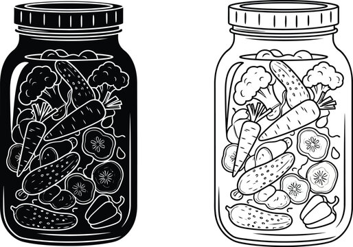 two black and white illustrations of mason jars filled with pickled vegetables