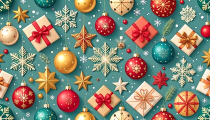 Festive Christmas Ornament and Gift Arrangement on Light Blue Background.