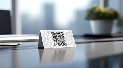 Business card with QR code on modern desk in office setting