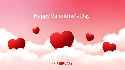 Red Hearts Floating On Clouds With Valentines Day Text happy valentine's day